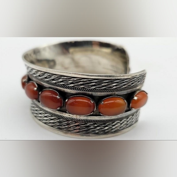 Sterling Silver Carnelian Wide Statement Cuff Bracelet - Picture 4 of 12